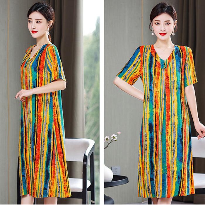 Loose Plus Size XL-XXXXXL Cotton Short-sleeved A-line V-neck Ruffle Dress Summer Printing Calf-length Skirt