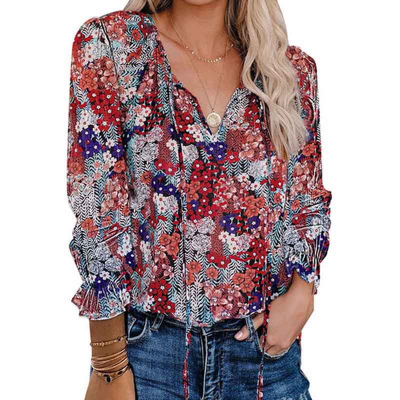 Summer Shirt Women's Broken Flower Print Chiffon Shirt V-neck Long-sleeved T-shirt Women