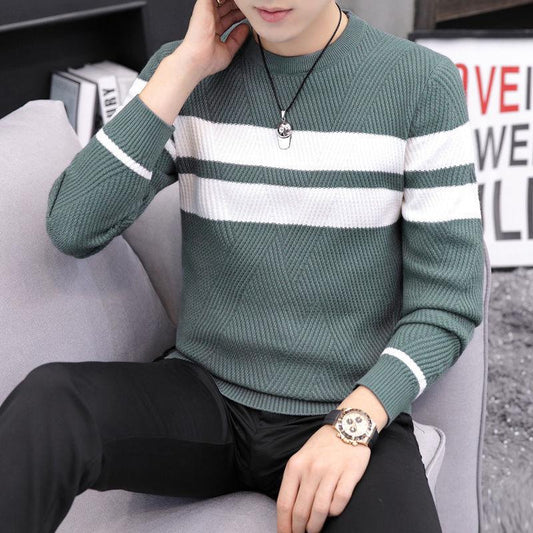 Autumn Round Neck Striped Sweater Men's Youth Tide Brand Bottoming Shirt Thin Casual All-match Sweater