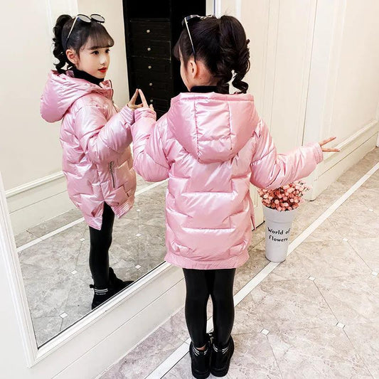Girls' Cotton-padded Clothes Winter Children's Fashion Bright-faced Mid-length Padded Jacket Thickened Girls' Medium and Large Children's Jackets