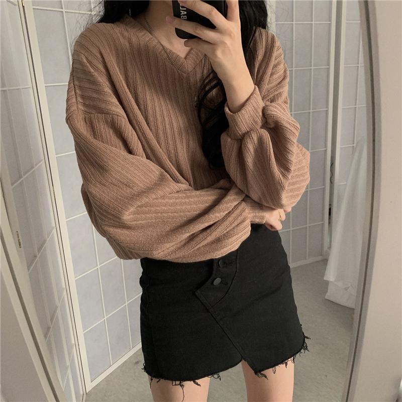 Winter Sweaters Women Lantern Sleeve Plus Size Loose V Neck Pullovers Knitted Jumper 2021 Fall New Fashion Black Oversized Harajuku Sweaters