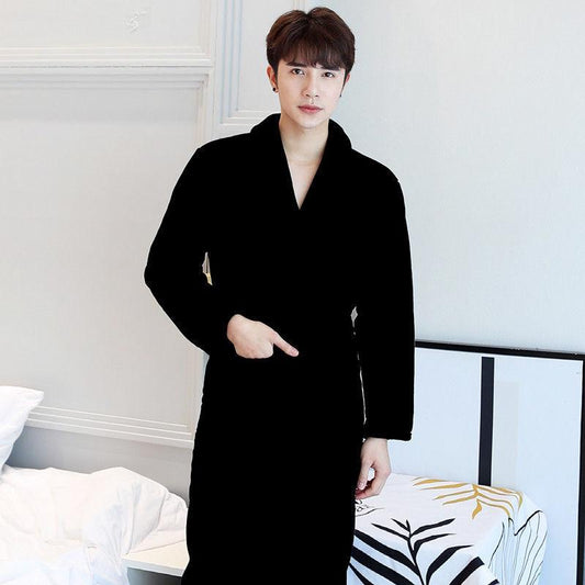 Autumn and Winter Men's Bathrobes Pure Color Simple Flannel Nightgown Coral Fleece Thickened Long-sleeved Pajamas Home Service Bathrobe