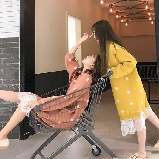 Pofulove Women Loose White Dot Sweater Dress Girly Long Section O-neck Lace Knitted Skirt Pullover