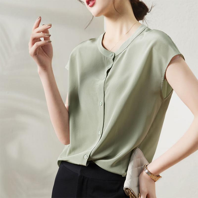 Silk Short-sleeved Shirt Women's Temperament Imitation Mulberry Silk Round Neck Shirt Top