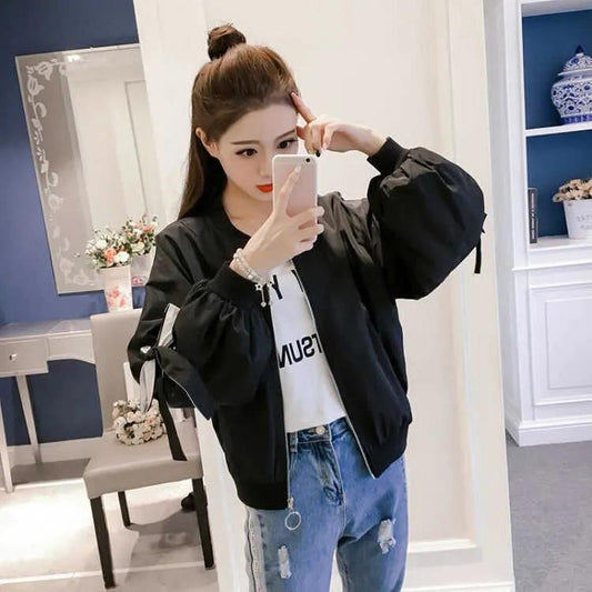 Short Thin Coat Bow Cuff Tie Women's Spring and Summer Loose Baseball Jacket Solid Color Windbreaker Jacket