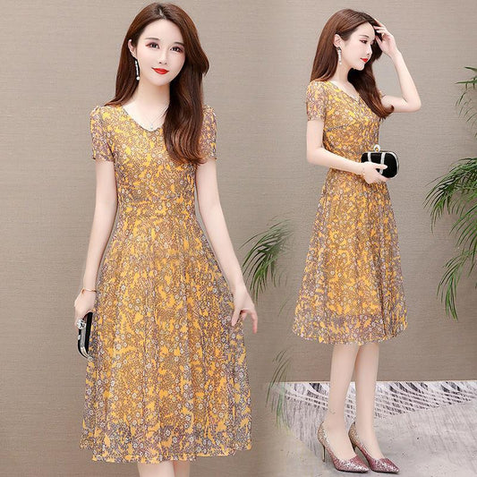 Floral Dress Women Summer A-line Dresses Long V-neck Veil