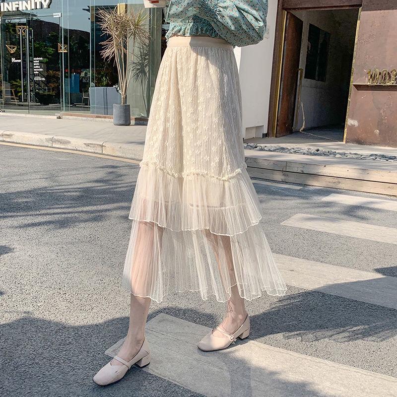 Long Tulle Skirts Womens Summer Elastic High Waist Mesh Tutu Pleated Skirt Female Skirt