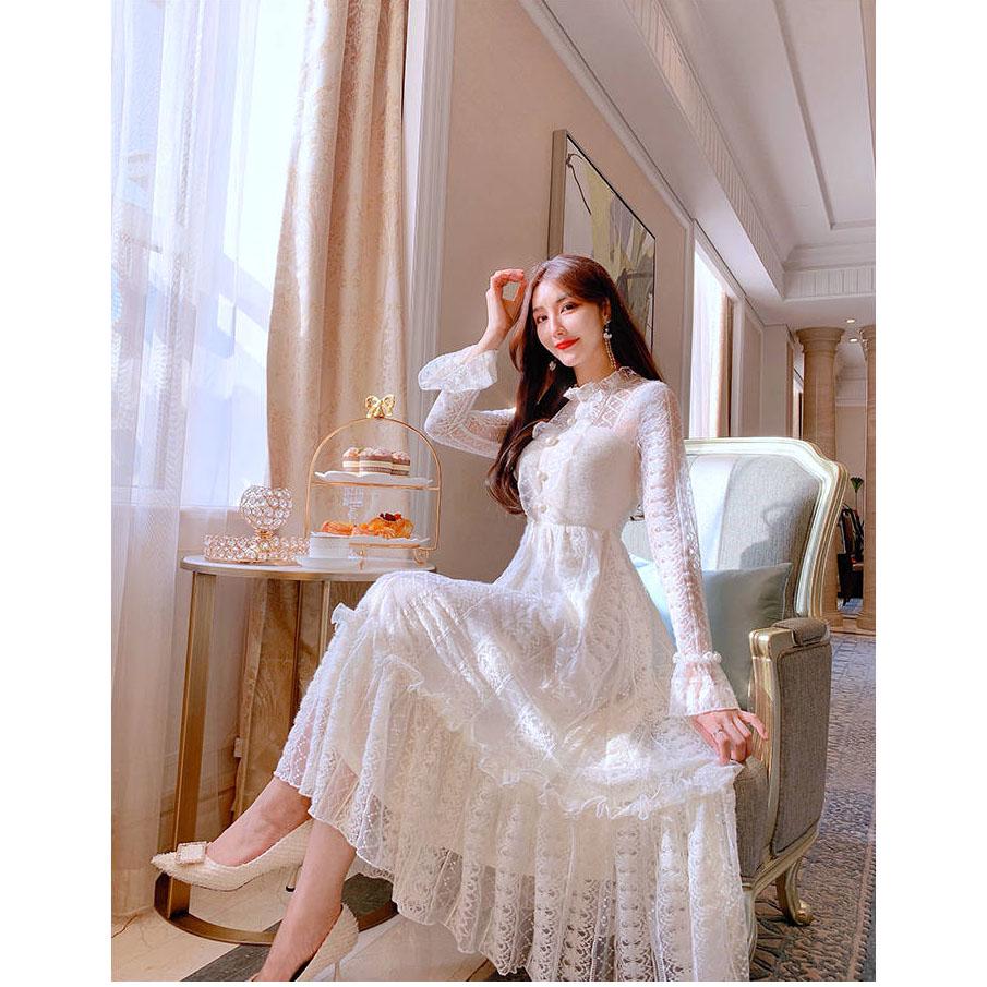Dress women mid-length autumn and winter waist lace dress female plus size Slim clothing