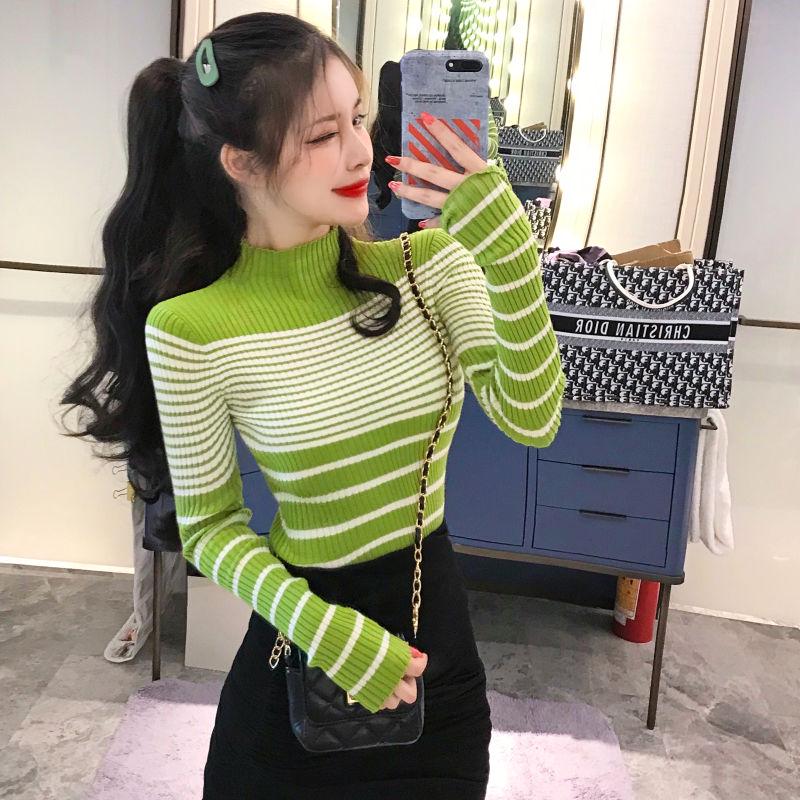 Pofulove Winter Fashion Women's Striped Long Sleeve Sweater Inner Net Red Sweatshirt Bottoming Shirt
