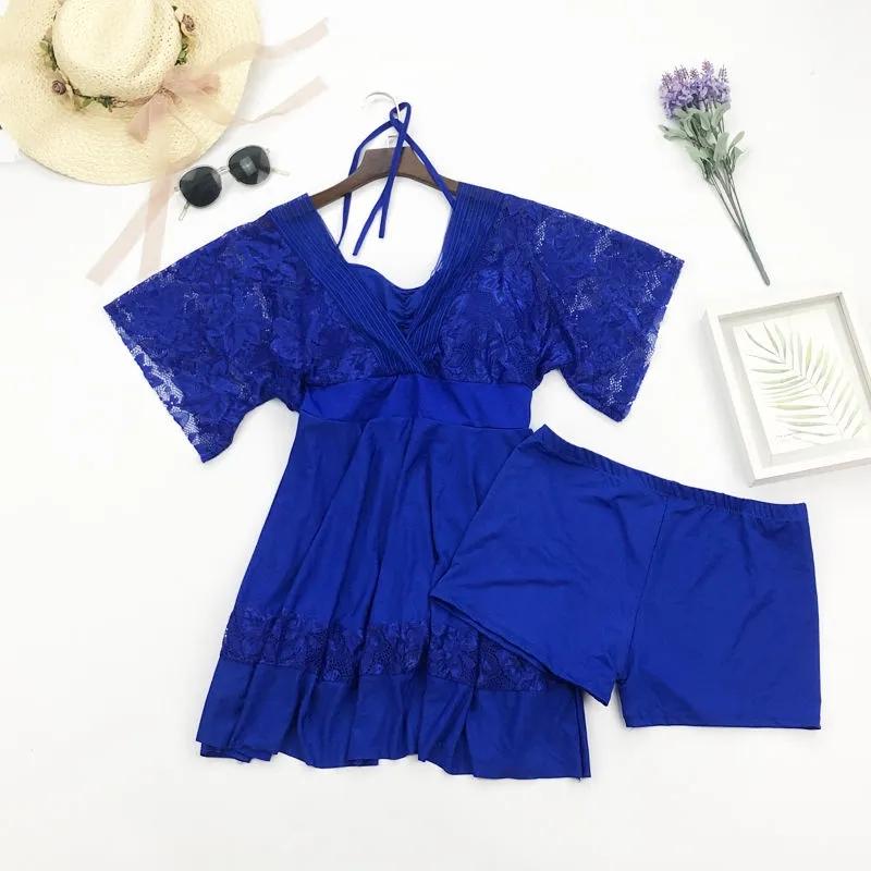 Plus Size Swimsuit Women's Solid Color Lace V-neck Tie Pleated Swimwear with Chest Pad Sexy Backless Beachwear Belly Cover Skirt Separate Swimsuit
