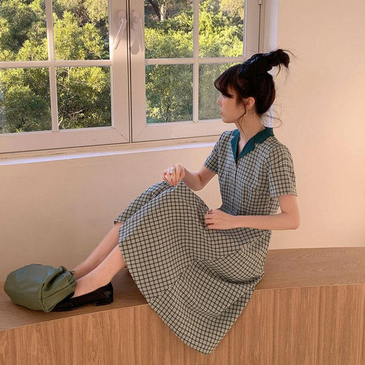 Female Simple Elegant Gentle Plaid Dress Summer French Vintage Mid Long Slim Casual Dress