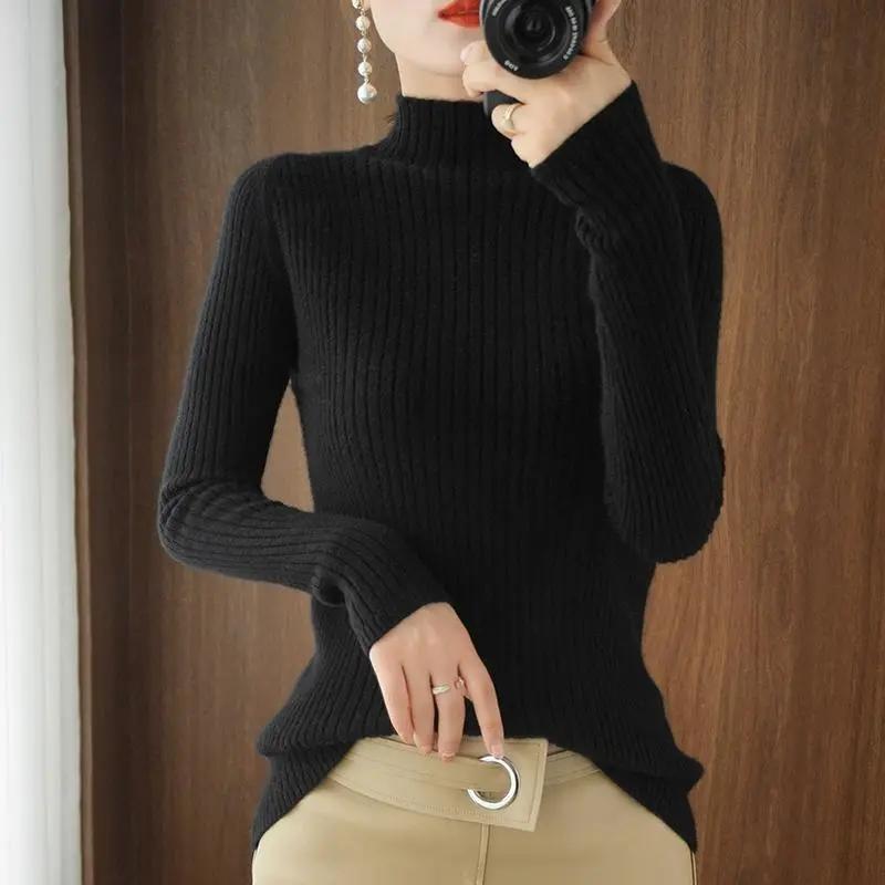 Autumn Winter Turtleneck Sweater Women's Slim Pullover Solid Color Bottoming Shirt Long Sleeves Short Knit Sweater Warm Jumper Women Casual Basic Tops