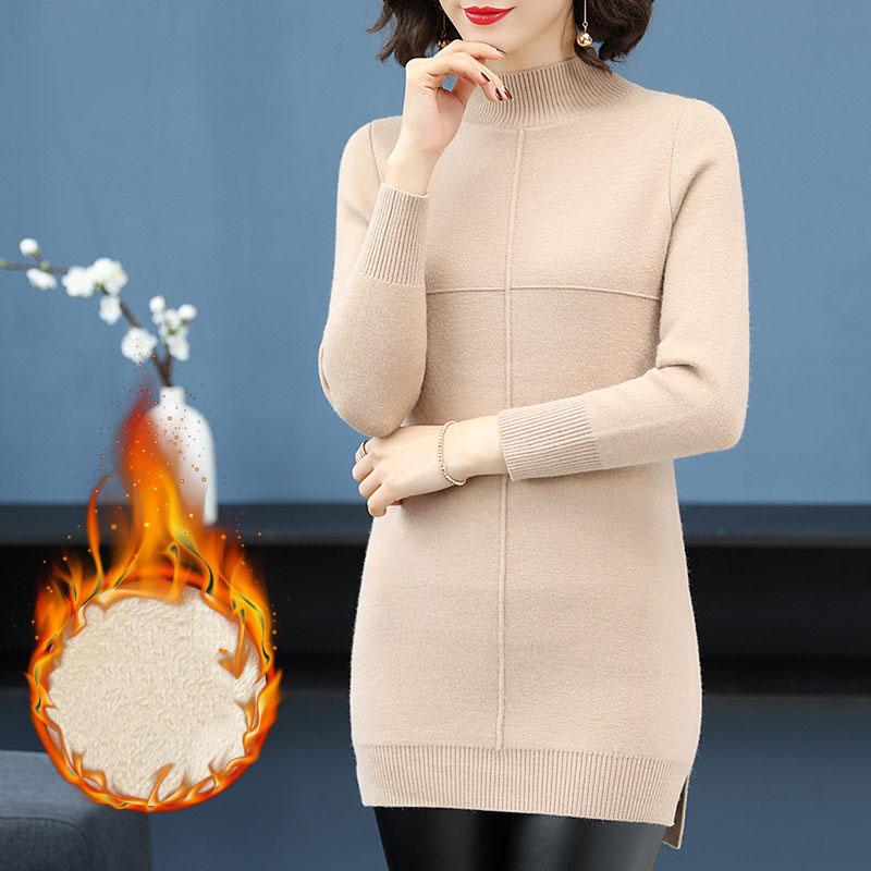 Autumn and Winter Plus Velvet Thick Sweater Mid-length Half High Neck Fashion Sweater Skirt Warm Solid Color Female Base Dress