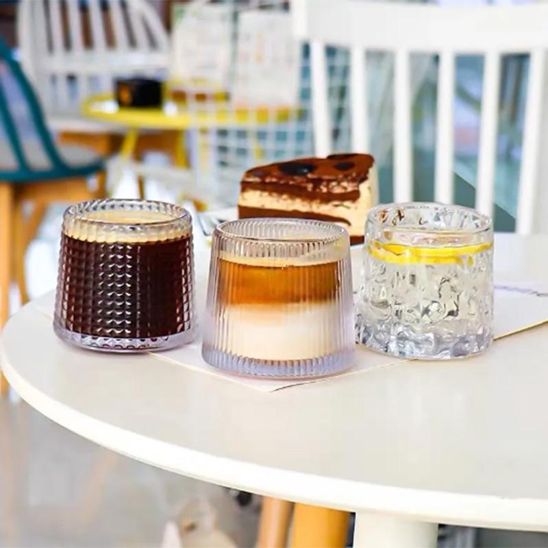 Ins Glass Retro Embossed Latte Cup Iced Coffee Cup Large Capacity Drink Cup Tumbler Cocktail Ice Hockey Cup
