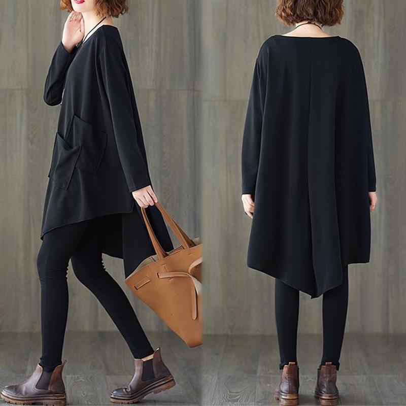 Large Size Women's Dress Loose Cover Belly Black Skirt Round Neck Pocket Jacket