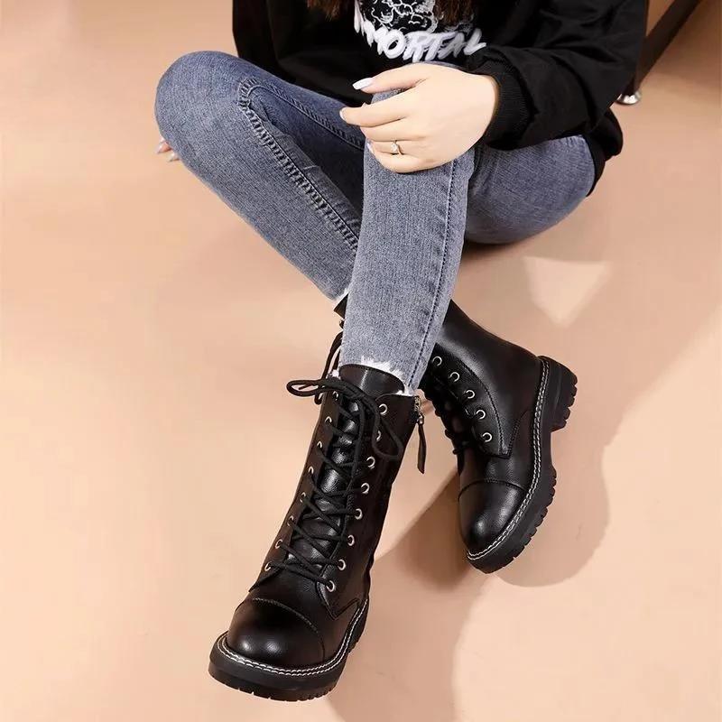 Women Boots Winter Black Leather Goth Shoes Lace Up Ankle Booties Woman Western Platform Shoes Chunky Boots Warm Boots