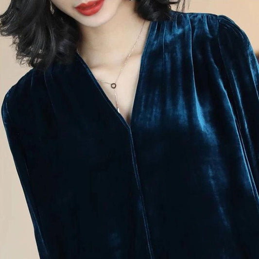 V-Neck Gold Velvet Pullover Tops Women Autumn Solid Slim Long Sleeve T-Shirt Elegant Bottoming Tees