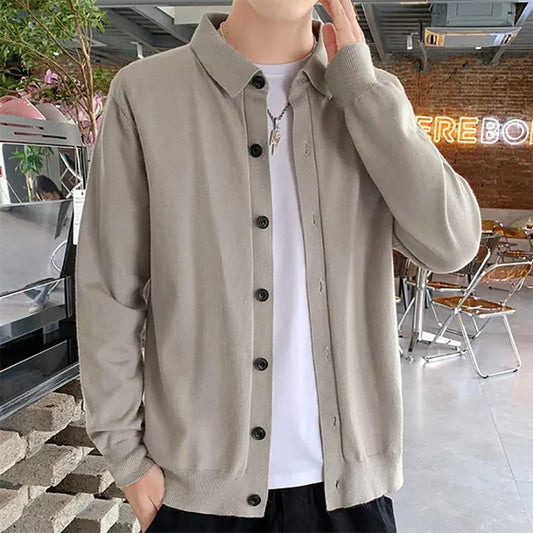 Fall Single-breasted Solid Color Lapel Sweater Cardigan Men's Retro Casual Slim Knit Cardigan