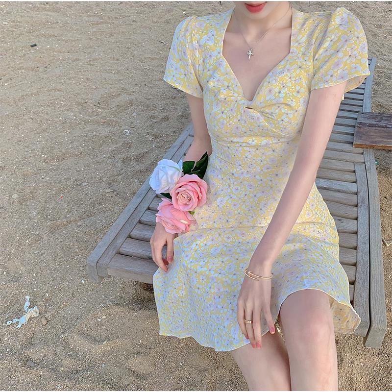Female Simple Floral Print Elegant Slim Holiday Dress Vintage Short Backless A-line Vacation Beach Dress