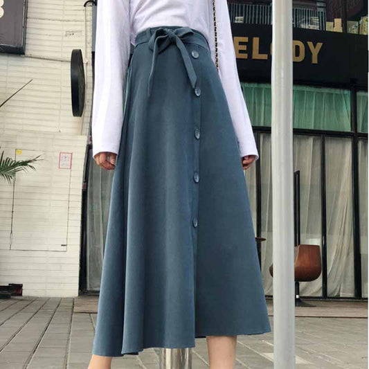 Mid-length Skirt Autumn and Winter Bow Tie Lace A-line Elastic High Waist Korean Style Slim Solid Color Buckle Large Swing Umbrella Skirt