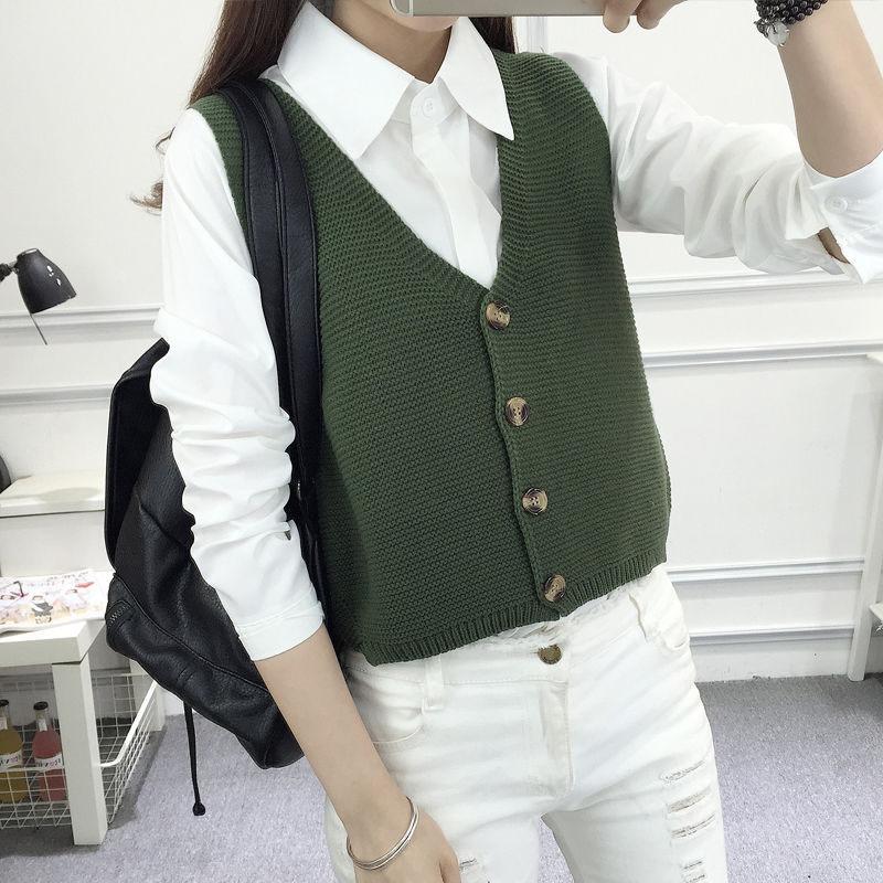 Spring and Autumn Knitted Loose Vest Sleeveless Cardigan Sleeveless Sweater V-neck Short Women's Top
