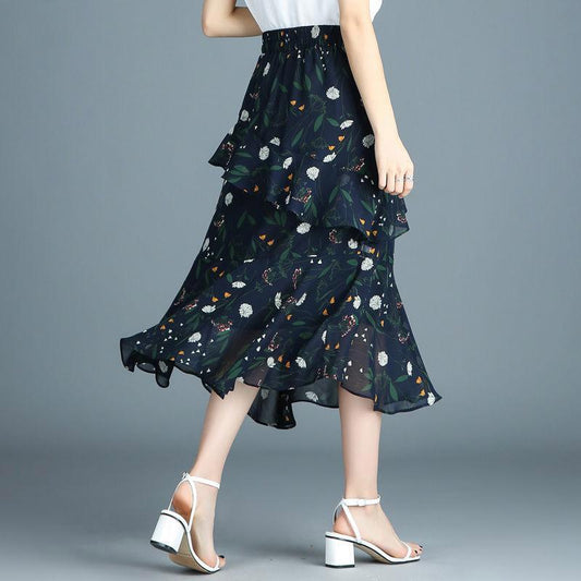 A-line Skirt Floral High Waist Thin Irregular Ruffle Big Wave Chiffon Midi Skirt Elastic Waist Mid-length Skirt