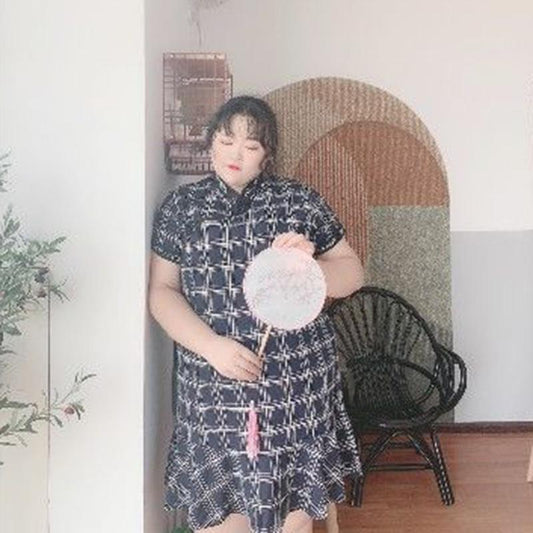 Fat Girl 300 Kg Extra Large Plaid Dress Summer New Product Improved Version Loose and Thin Ruffled Cheongsam Women