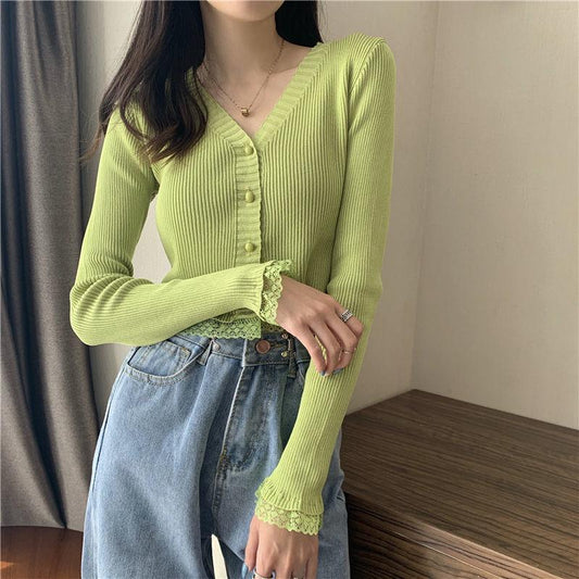 Early Autumn Lace Cropped Top Women's Temperament V-neck Long-sleeved Sweater Cardigan