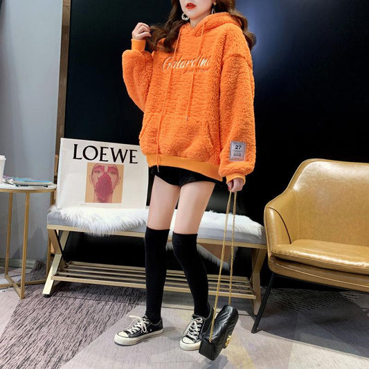 Autumn and Winter 2021 Plus Velvet Thick Loose Hooded Pullover Faux Lamb Wool Sweater Women Mid-length Top