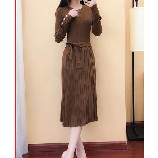 Spring and Autumn Jacket Long Sleeve Round Neck Casual Clothes Fashion Casual Pure Color Sweater Dress