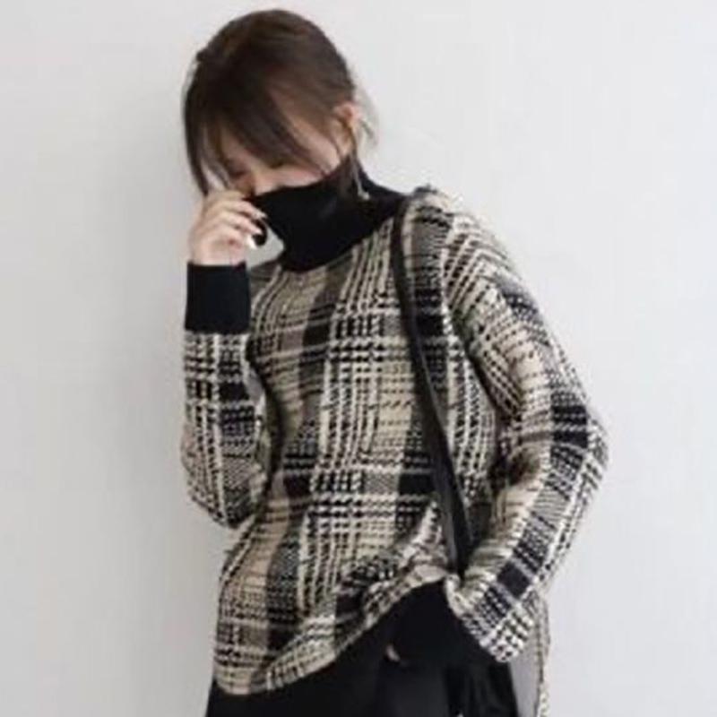 Autumn Winter Women Fashion Sweater Casual Knitting Plaid Sweater Round Neck Pullovers Loose Casual Long Sleeve Sweater