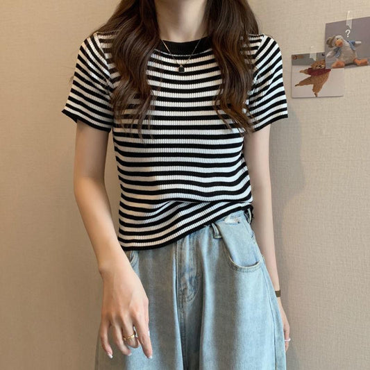 Thin Striped Ice Silk T-Shirt Women Summer Slim Short Knitted High Waist Top Short Sleeve