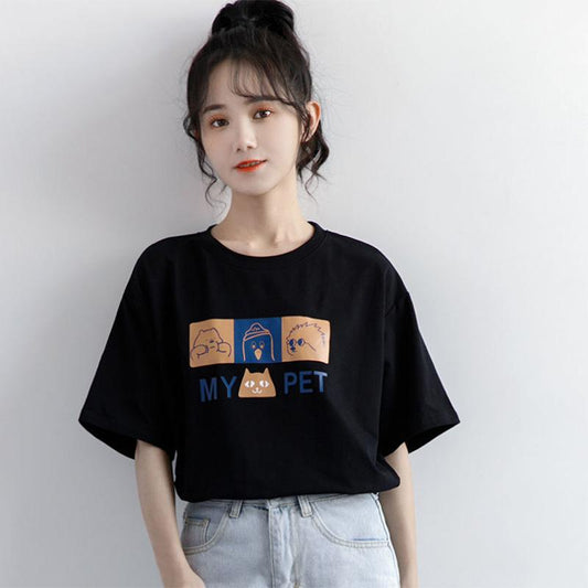 100% Cotton Summer Thin Hong Kong Style Short Short Sleeve T-shirt Women Cartoon Printing Solid Color Short Top