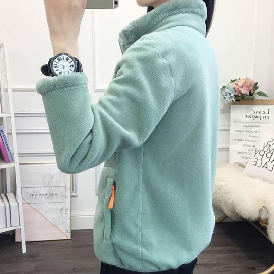 Ladies Double-sided Polar Fleece Jacket Fashion Winter Plus Velvet Thickening Warmth Short Stand-up Collar Outdoor Jacket Suitable for Women