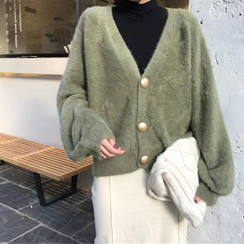 New Slim Autumn Imitation Mink Velvet Lazy Loose V-neck Casual Long-sleeved Sweater Knitted Cardigan Button Jacket Women