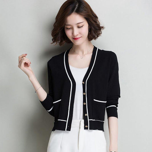Fashion V-neck Knitted Cardigan Women's Long-sleeved Loose Short Sweater All-match Jacket