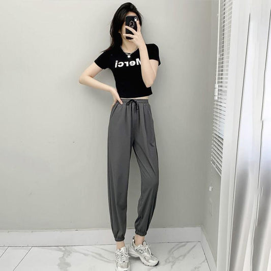 Ice Silk Sports Pants Summer Ladies Loose and Thin Beam Blooming Pants Casual Harem Pants High Waist Thin Sections Versatile
