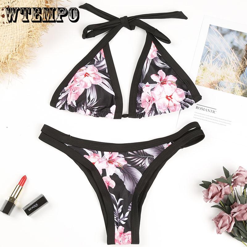 WTEMPO Fashion Pink Print Lace Trim Bikini Strap Swimwear