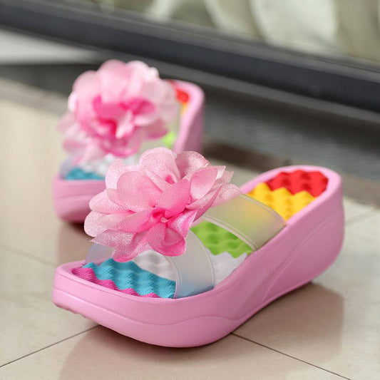 Summer Foam Sandals Women's Ultra-light Beach One-word Slippers Thick-soled High-heeled Flowers Home Non-slip Women's Slippers