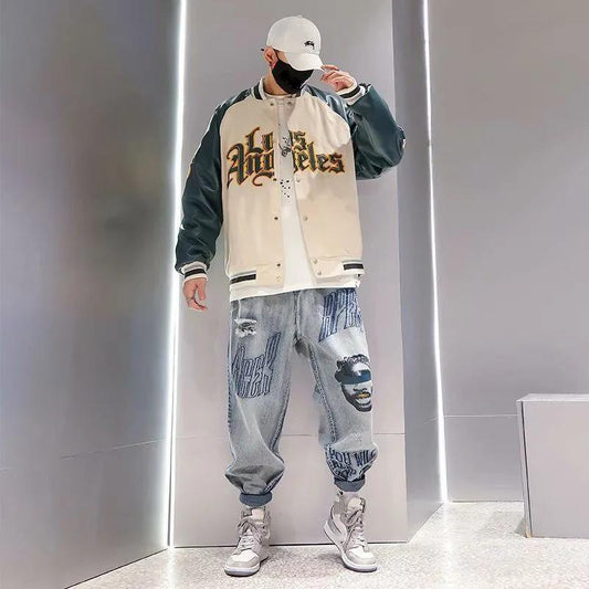 Jeans Men's Trendy Brand Retro Distressed Loose Straight-leg Pants Men's Spring Thin Style Personality Trend Nine-point Pants