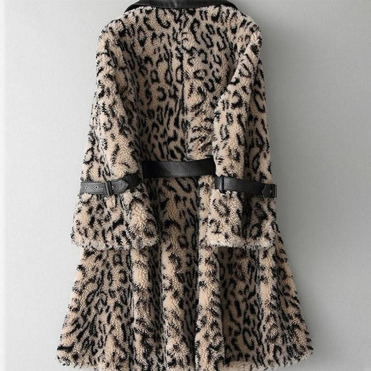 Winter Fashion Warmth Thick Leopard Grain Granular Fleece Faux Mink Fur Coat Women's Mid-length Slim Waist Coat Outwear