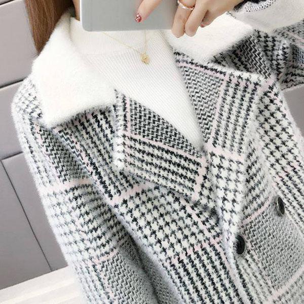Thickened Plush Coats Women's Mid-length Sweater Cardigans Female Autumn and Winter Large Size Loose Plaid Coats