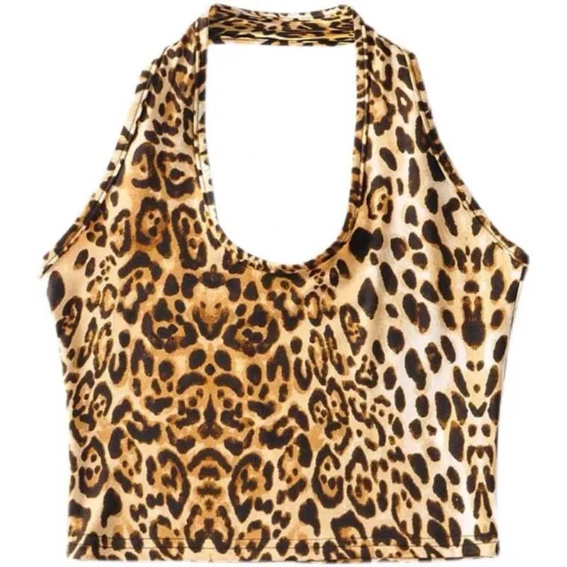 Ladies Short Sexy Crop Top Leopard Print Halter Neck Small Camisole Women's High Waist Open Back Tube Top Trend Steetwear Tank Top Sleeveless Pullover