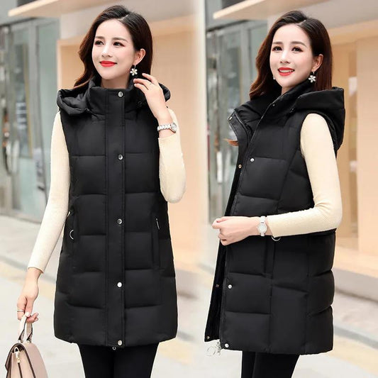 Women's Winterized Vest Detachable Hood Warm Oversized Mid-Length Mommy Jacket