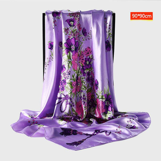 Women Elegant Scarf Square Silk Imitation Satin Flower Scarf Wrap Shawl Sunscreen Gauze Shawl All-match Headscarf