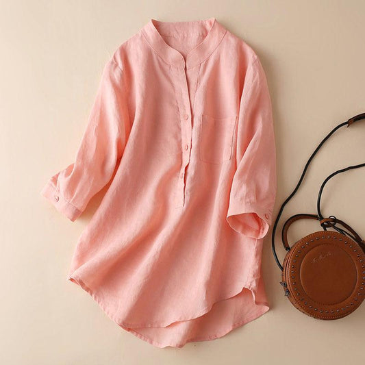Cotton Stand Collar Shirt Women's Spring and Summer Cotton Linen Three-quarter Sleeves Simple Loose Large Size Casual Blouses