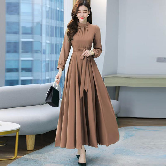 Chiffon Long Sleeve Dress for Women Spring Autumn Large Size Pure Color Fairy Temperament Over The Knee Beach Large Swing Dress Women