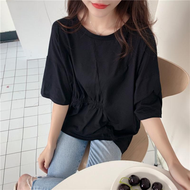 Pleating Irregular Summer Women's Fashion Asymmetry Tops Short Sleeve Solid Color Casual Loose T-shirt