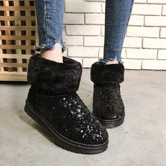 Snow Boots Women's Mid-tube Winter Korean Version of All-match Sequined Cotton Shoes Plus Velvet Warm Non-slip Boots