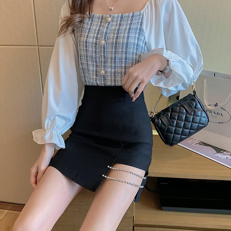 Women Black Sexy Tight A-line Irregular Skirt Paste Drill High Waist Hip Skirt Zipper Club Casual Home Office